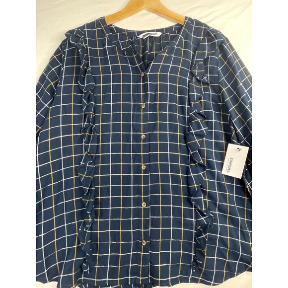New Sonoma Plaid‎ Button Down Top size XXL Blue/Silver/Gold - Picture 6 of 10